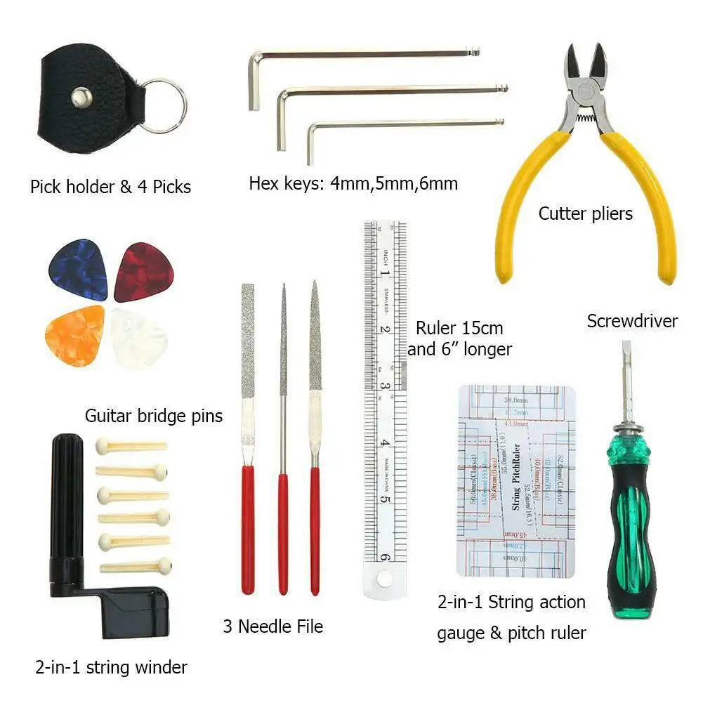 Guitar Repairing Maintenance Cleaning Tool Kit With String Action Ruler & Gauge Measuring Tool & Hex Wrench Set & Files
Guitar Repairing Maintenance Cleaning Tool Kit With String Action Ruler & Gauge Measuring Tool & Hex Wrench Set & Files