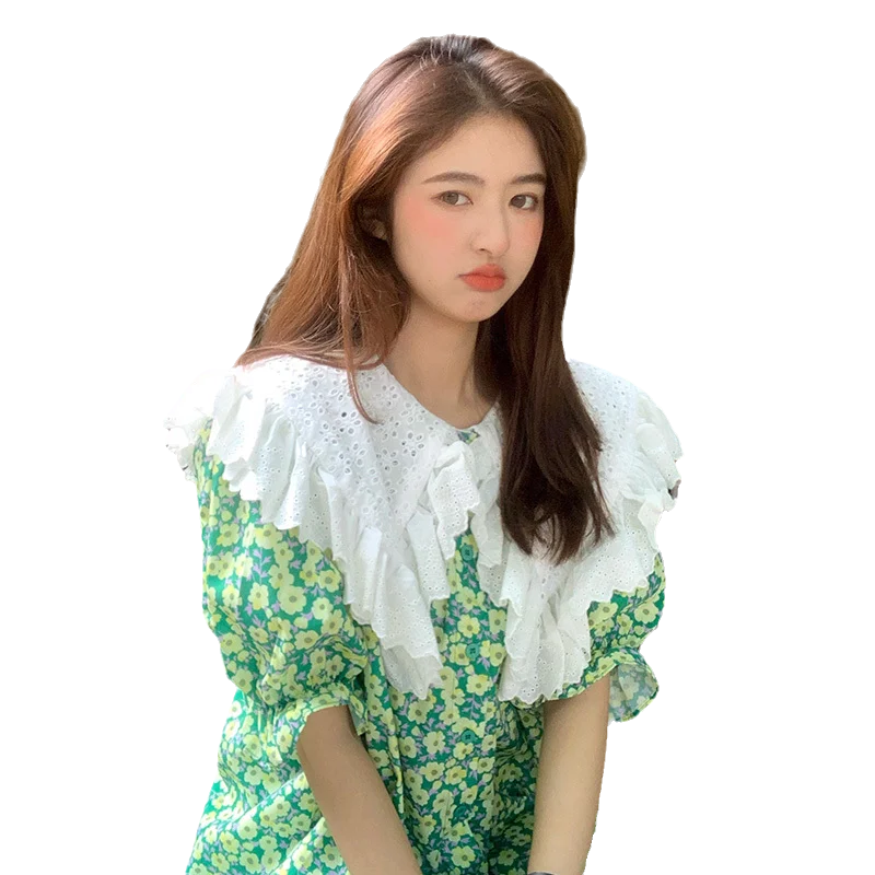 Floral Doll Collar Puff Sleeve Shirt Women's Summer Thin Short Sleeve Casual Top 2021 Female Printing Plus Size Loose Blouses