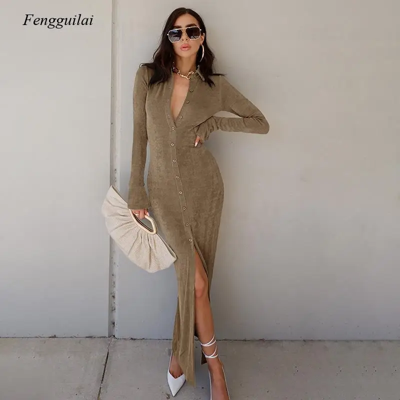 Autumn Sexy Long-Sleeved Party Dress Ladies Button Knit and Ankle V-Neck Tight Dress Ladies Cotton Split Hem
Autumn Sexy Long-Sleeved Party Dress Ladies Button Knit and Ankle V-Neck Tight Dress Ladies Cotton Split Hem