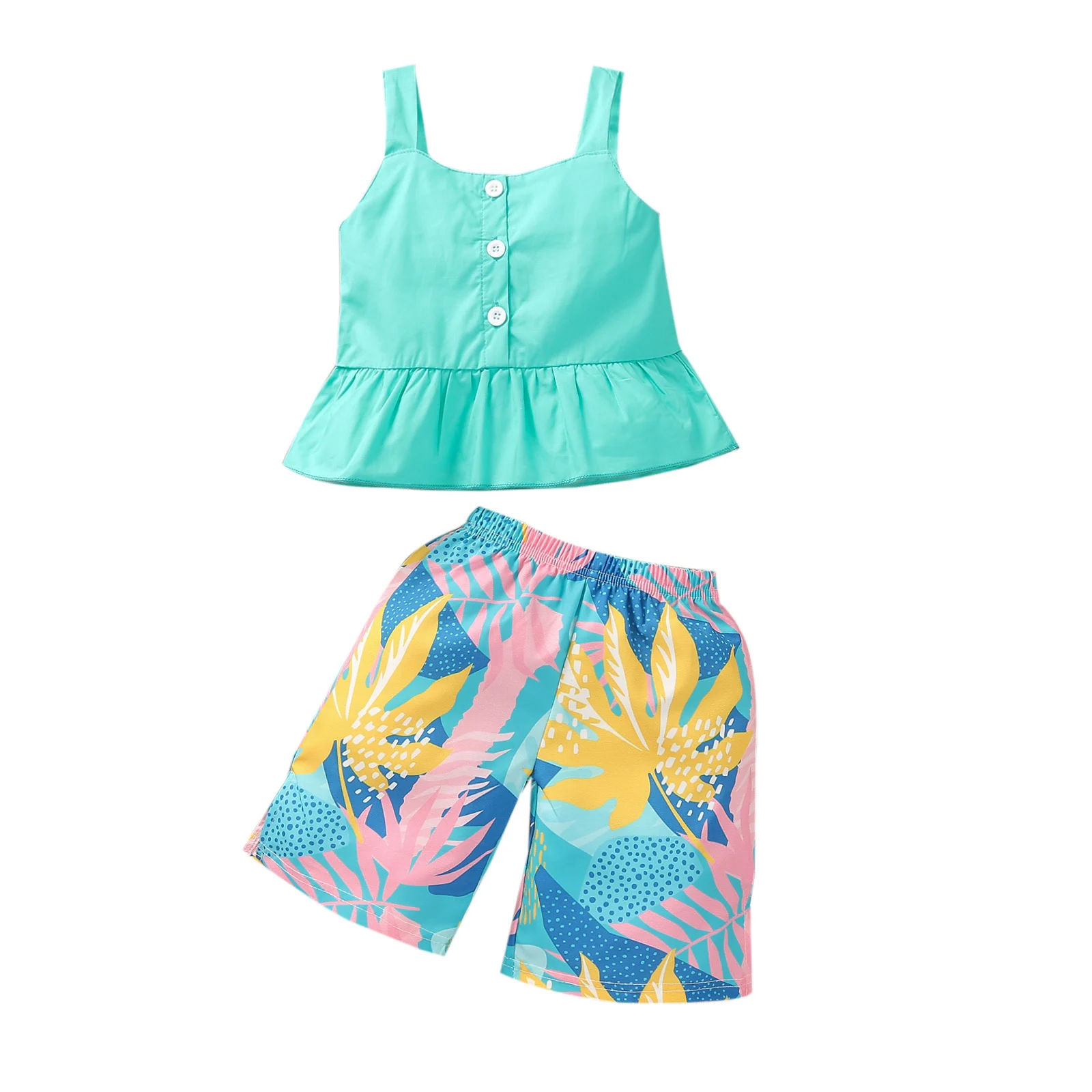 Girls Summer Two Piece Set Fashion Solid Color Button Suspender Tops and Leaves Printed Short Pants
Girls Summer Two Piece Set Fashion Solid Color Button Suspender Tops and Leaves Printed Short Pants