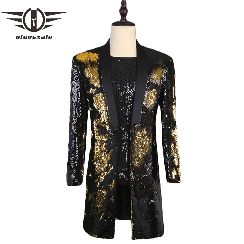 

Plyesxale Black Gold Blazer For Men Shawl Collar Mens Sequin Jacket DJ Night Club Singer Glitter Costume Man Prom Blazers Q851