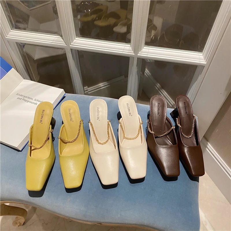 Fashion Women Slippers Square Toe Thin High Heels Slip On Mules Shoes Metal Chain Design Casual Pumps Yellow Brown Size 35-39
Fashion Women Slippers Square Toe Thin High Heels Slip On Mules Shoes Metal Chain Design Casual Pumps Yellow Brown Size 35-39