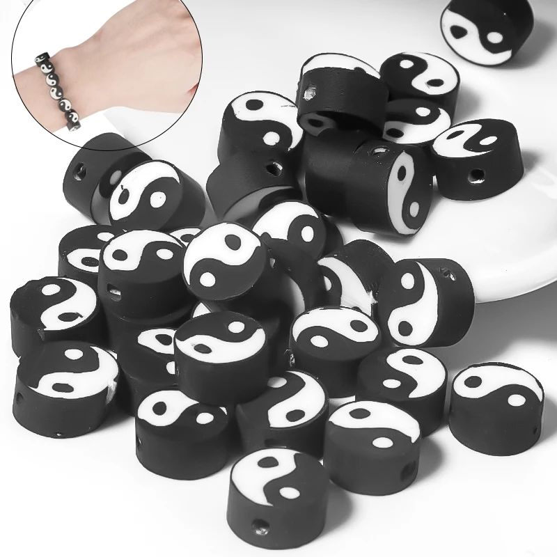 

40pcs 9mm Round Clay Polymer Beads Black Tai Chi Spacer Loose Bead For DIY Jewelry Making Yin Yang Bracelet Necklace Accessories