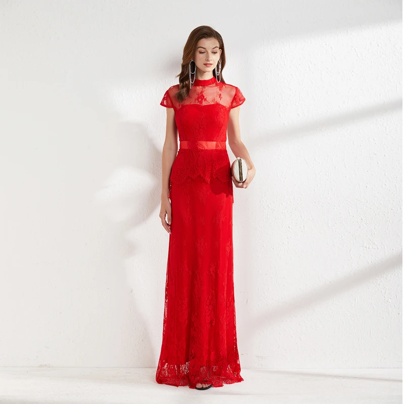 Women's Runway Dresses Stand Collar Short Sleeves Embroidery Lace Ruffles Elegant Long Pencil Evening Party Prom 
Women's Runway Dresses Stand Collar Short Sleeves Embroidery Lace Ruffles Elegant Long Pencil Evening Party Prom
