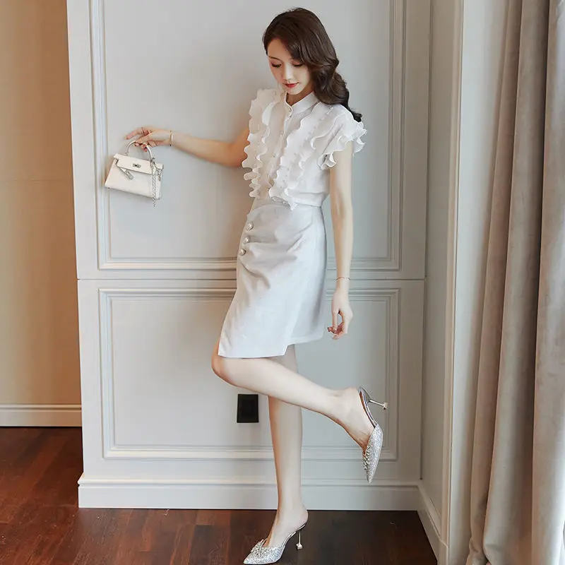 2021 New Summer Two Pieces Sets Women's Chiffon Sleeveless Blouse Top and Knee Length Skirts Office Lady Casual Work Suits Q111
2021 New Summer Two Pieces Sets Women's Chiffon Sleeveless Blouse Top and Knee Length Skirts Office Lady Casual Work Suits Q111