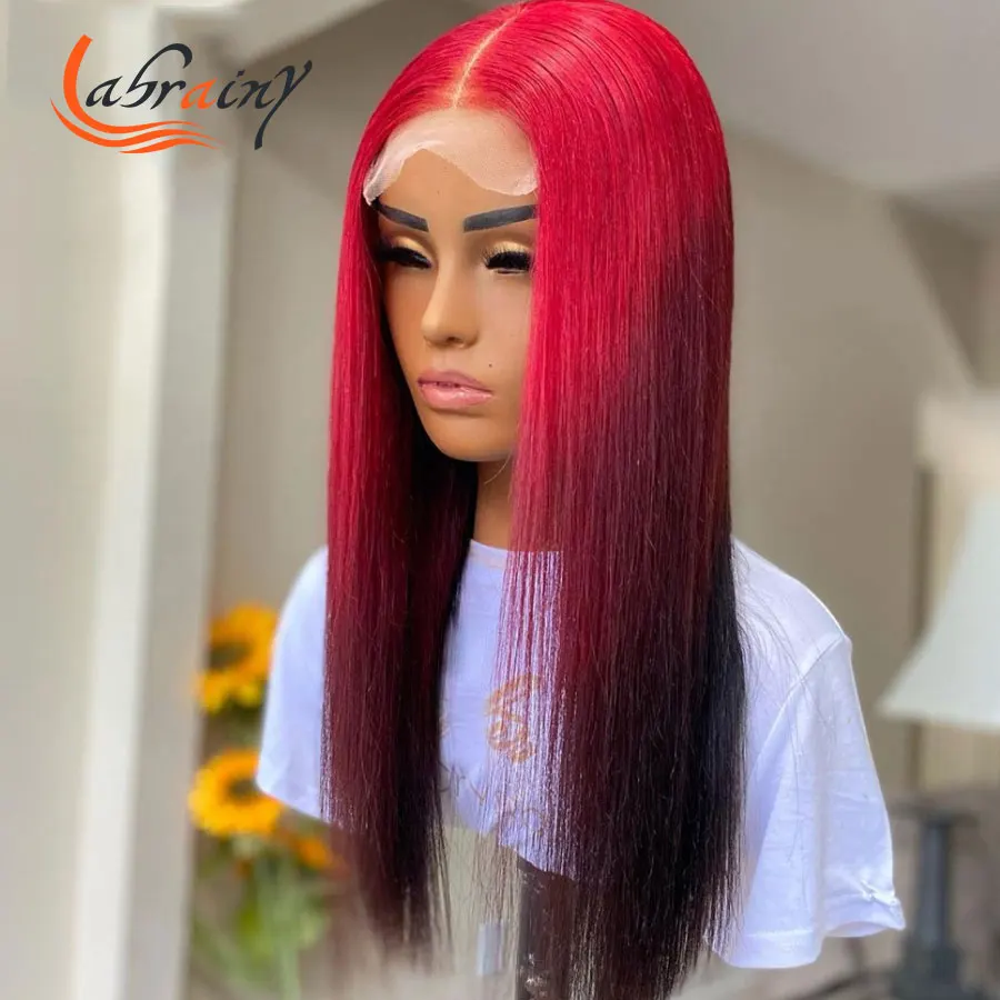 

Hd Transparent 13X6 Lace Frontal Ombre 99J Human Hair Wig Red Burgundy Straight Color Wigs Pre Plucked Bleached Knots Baby Hair