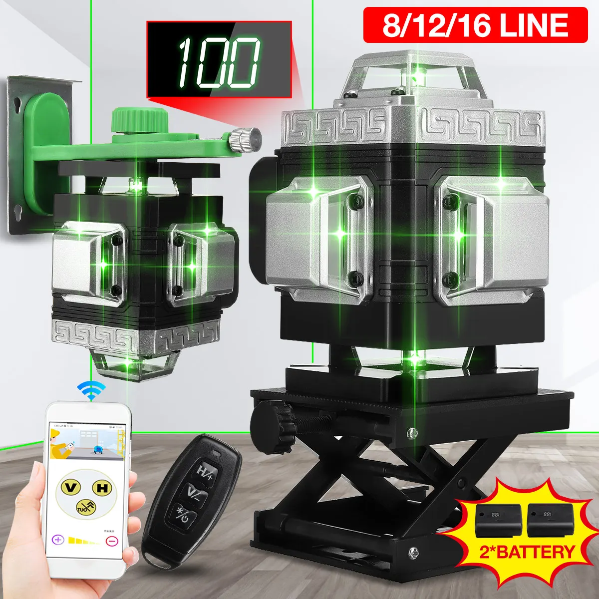 Laser Level 16 Lines 4D Green Light LED Display Auto Self Leveling 360° Laser Levels Horizontal Vertical Cross Remote Control
Laser Level 16 Lines 4D Green Light LED Display Auto Self Leveling 360° Laser Levels Horizontal Vertical Cross Remote Control