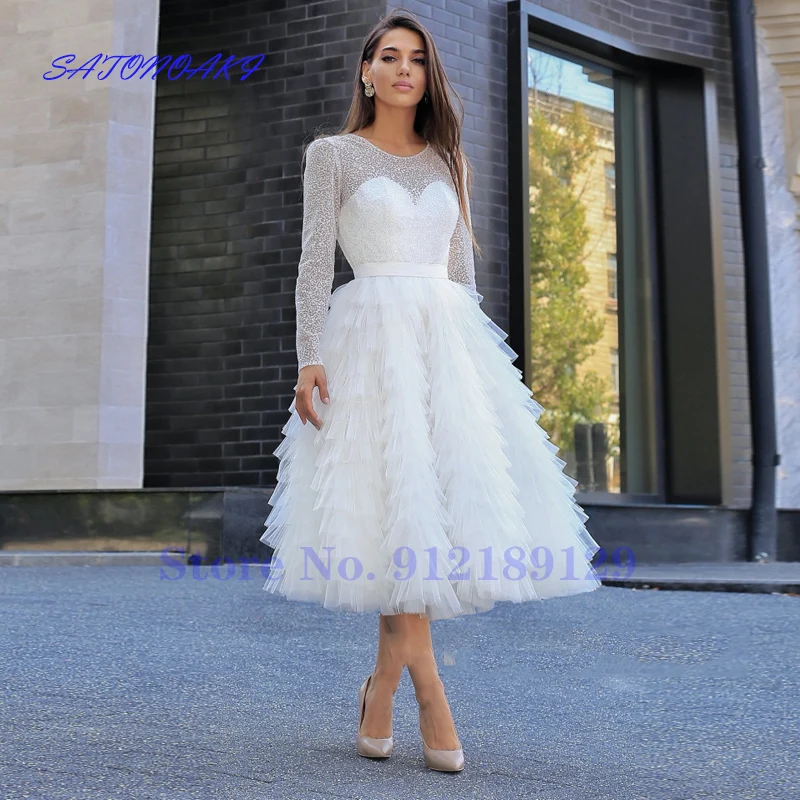 Vestidos De Novia Short Sequined Wedding Dresses O-Neck Long Sleeve Tea Length Country Beach Ruffles Bridal Gown Robe De Mariée
Vestidos De Novia Short Sequined Wedding Dresses O-Neck Long Sleeve Tea Length Country Beach Ruffles Bridal Gown Robe De Mariée