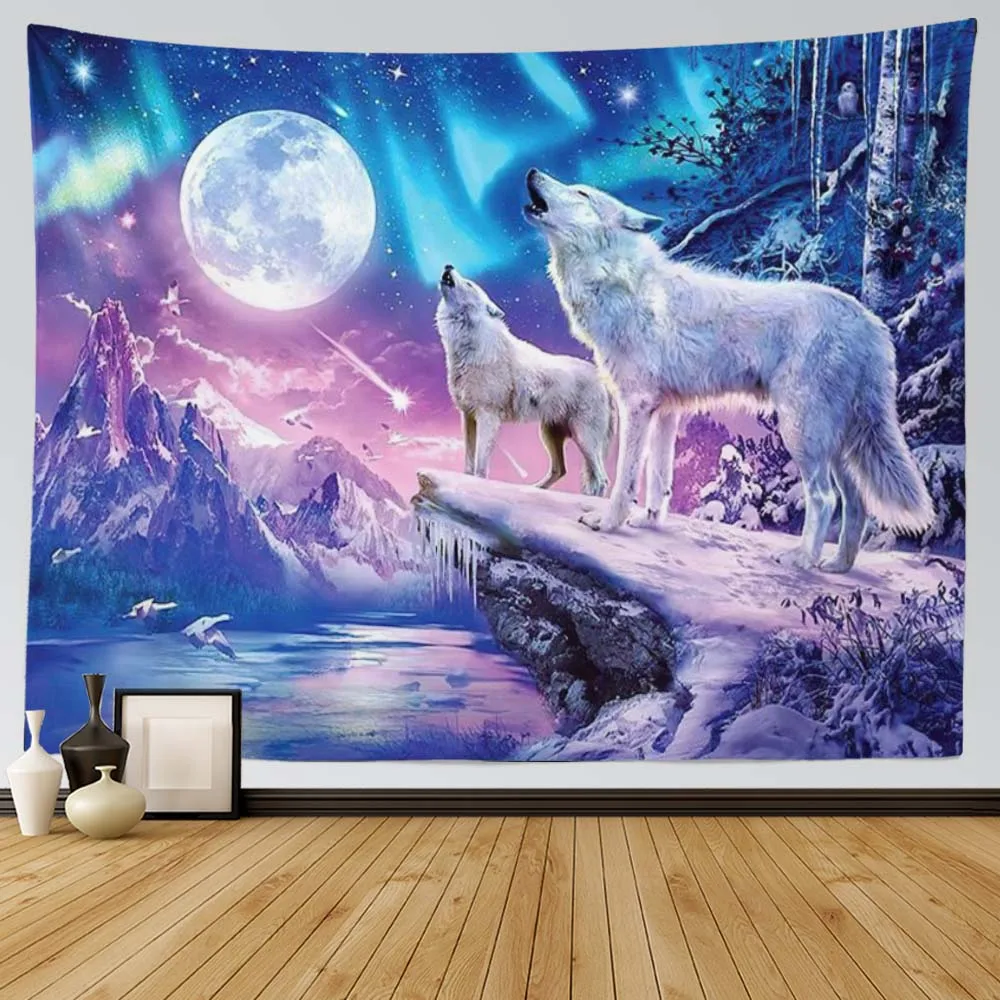 

Wolf Moon Tapestry Cloth Wall Hanging Animal Psychedelic Hippie Boho Large Fabric Forest Aesthetic Tapestry Dedroom Dorm Decor