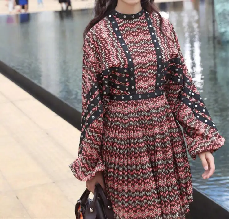 2020 Retro Stand Collar Spliced Rivets Wave Striped Pleated Mini Short Dress Woman Back Zipper Lartern Long sleeve Dresses | Женская