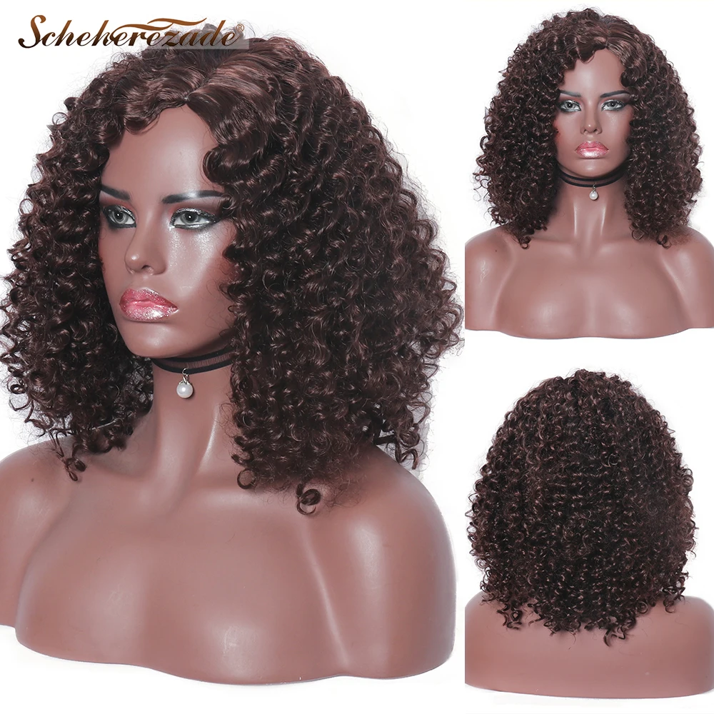 Scheherezade Silver Grey Brown Black Short Synthetic Wigs Kinky Curly For Women Side Part High Temperature Fiber African | Шиньоны и