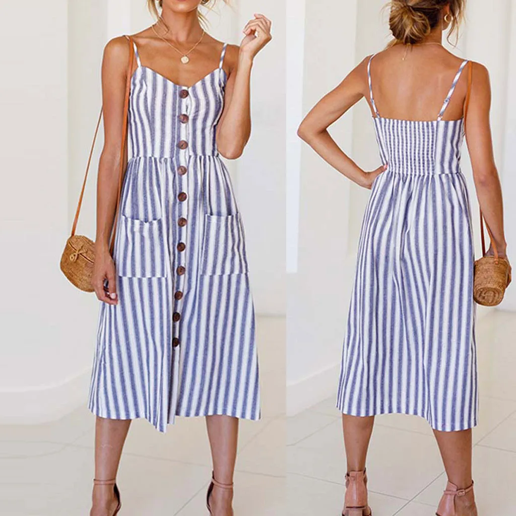 61# Dress Women Summer Slim Beach Dresswomen Sexy Stripe Printing Buttons Camisole Sleeveless Dress Princess Dress 2021
61# Dress Women Summer Slim Beach Dresswomen Sexy Stripe Printing Buttons Camisole Sleeveless Dress Princess Dress 2021