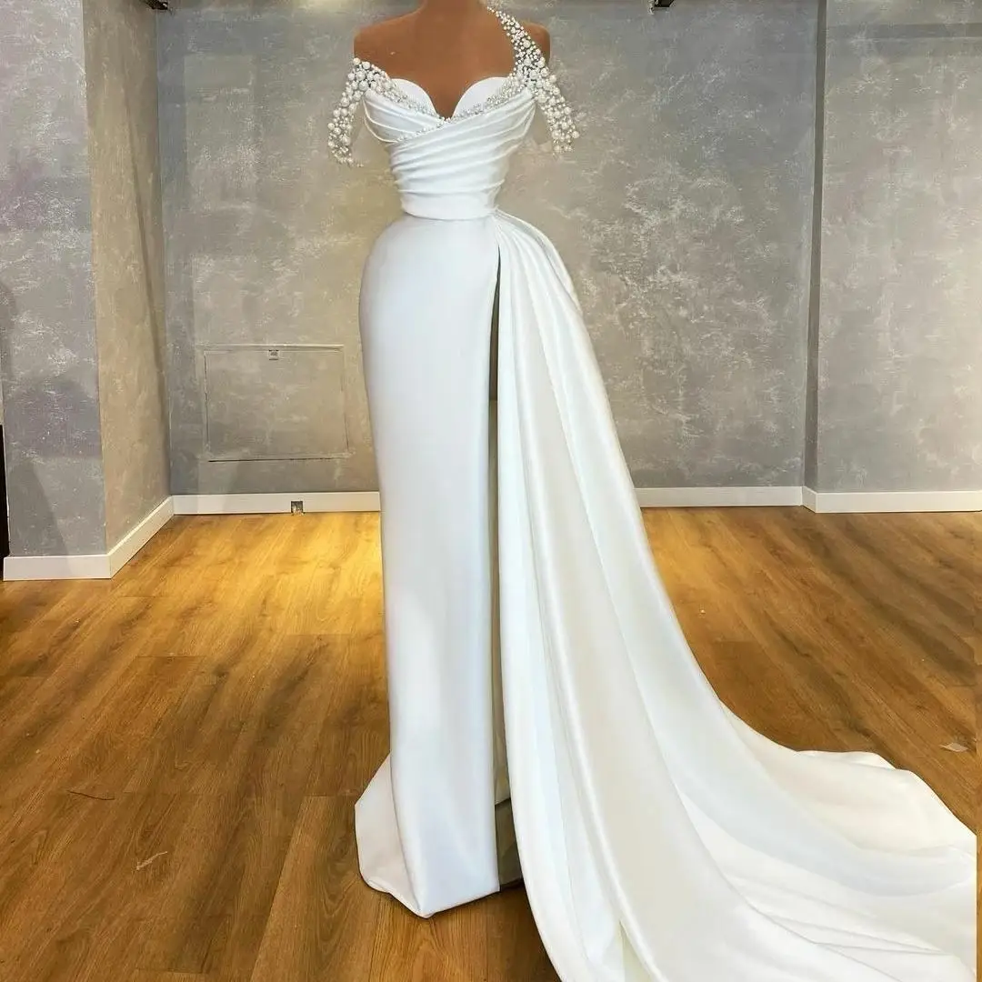 Off the Shoulder Pearls Beading Evening Dresses Ruched Side Split Satin Formal Prom Party Mermaid Gowns Elegant Vestido De Novia
Off the Shoulder Pearls Beading Evening Dresses Ruched Side Split Satin Formal Prom Party Mermaid Gowns Elegant Vestido De Novia