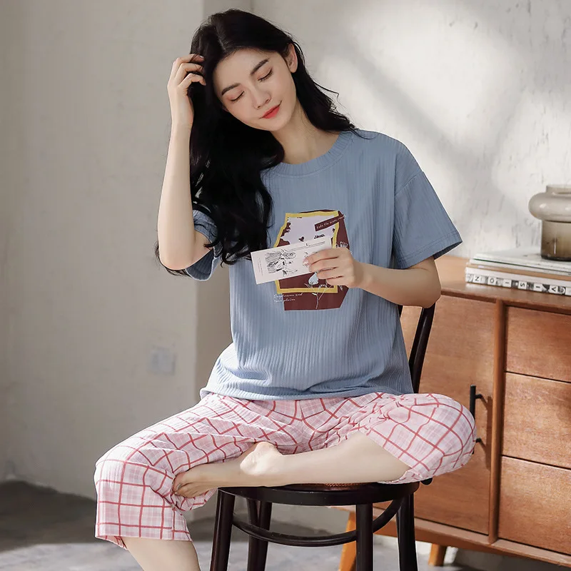New Cotton Women Sleepwear Summer Home Wear Suit Cartoon Printing Cropped Trousers Pajamas Fashion Cotton Pyjamas
New Cotton Women Sleepwear Summer Home Wear Suit Cartoon Printing Cropped Trousers Pajamas Fashion Cotton Pyjamas