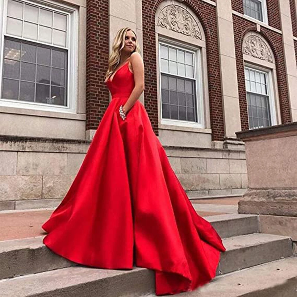 Women's Long Spaghetti Straps V Neck Beaded Satin A-line Ball Gown Prom Dress with Pockets vestidos de fiesta
Women's Long Spaghetti Straps V Neck Beaded Satin A-line Ball Gown Prom Dress with Pockets vestidos de fiesta