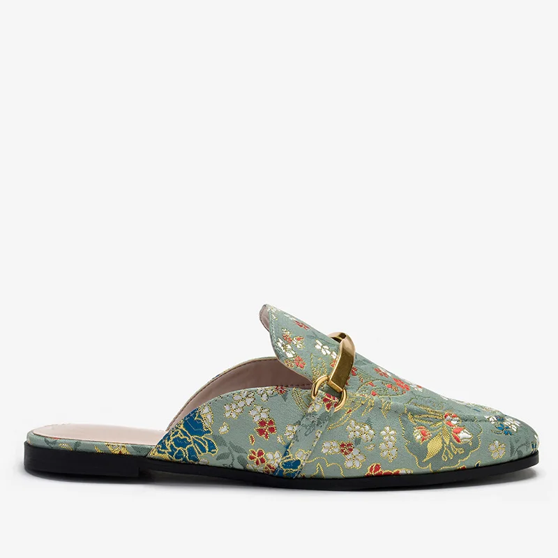 

2021 Summer Slippers Women Flat Bottomed Baotou Sandals Metal Embroidery Flower Muller Shoes Lazy Flats Slipper Flip Flops Slide