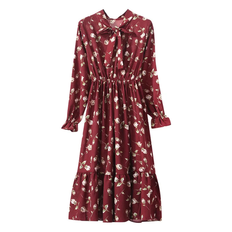 Dress Women 2020 Fashion Red Floral Long Sleeve Base Dress Temperament Mid-length Dress Bowknot Casual Street New dress Print 
Dress Women 2020 Fashion Red Floral Long Sleeve Base Dress Temperament Mid-length Dress Bowknot Casual Street New dress Print