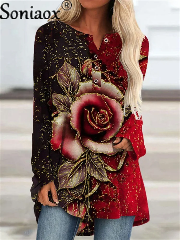 2021 Autumn Rose Flowers Print T-Shirt Women Casual Long Sleeve O Neck Button Tops Fashion New Pullover Straight Loose T-Shirt
2021 Autumn Rose Flowers Print T-Shirt Women Casual Long Sleeve O Neck Button Tops Fashion New Pullover Straight Loose T-Shirt