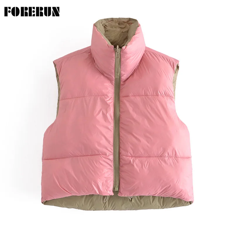 

FORERUN Cropped Jacket Women Vest Winter Puffer Bubble Coat Double Side Wear Solid Stand Collar Short Waistcoat Bodywarmer