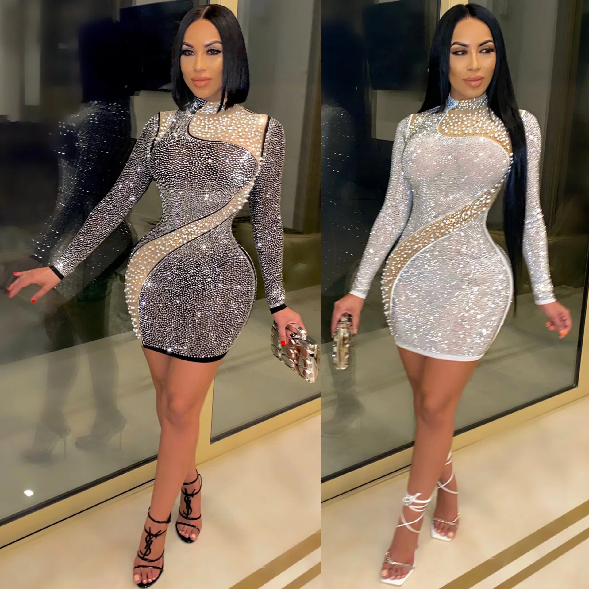 Women Full Sleeve Fashion Mesh Shiny Beading Splice Vestido Turtleneck Sexy Nightclub Diamonds Dresses Slim Pencil Short Dress
Women Full Sleeve Fashion Mesh Shiny Beading Splice Vestido Turtleneck Sexy Nightclub Diamonds Dresses Slim Pencil Short Dress