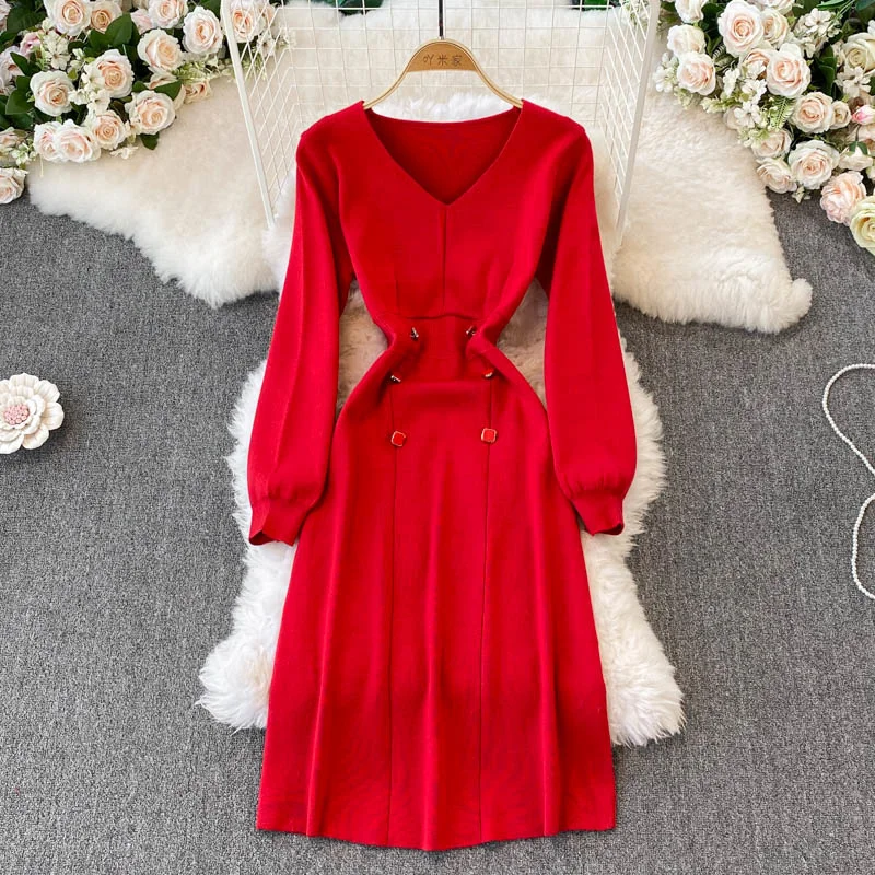 2021 Winter Women Red Knitting Dress Korean Fashion V-neck Long Sleeve Buttons Decoration A-line Midi Sweater Dress Robe Femme
2021 Winter Women Red Knitting Dress Korean Fashion V-neck Long Sleeve Buttons Decoration A-line Midi Sweater Dress Robe Femme