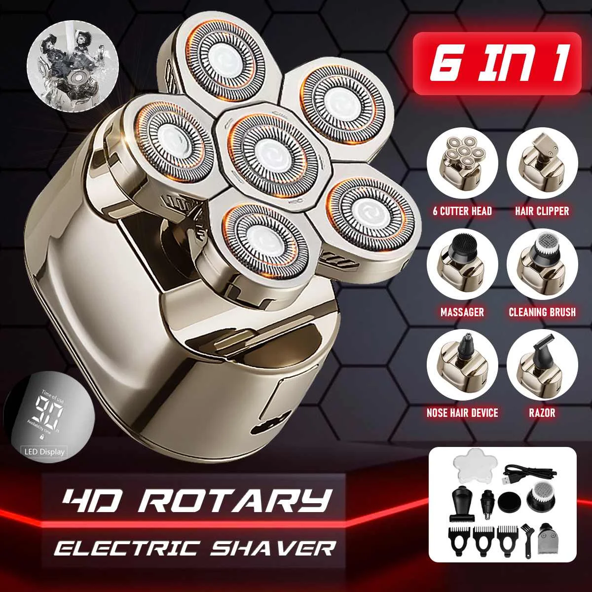 New 6 Blade 4D Electric Shaver Rechargeable Bald Head Razor Hair Trimmer 6 Floating Heads Beard Wet Dry Shaving Grooming Kit
New 6 Blade 4D Electric Shaver Rechargeable Bald Head Razor Hair Trimmer 6 Floating Heads Beard Wet Dry Shaving Grooming Kit