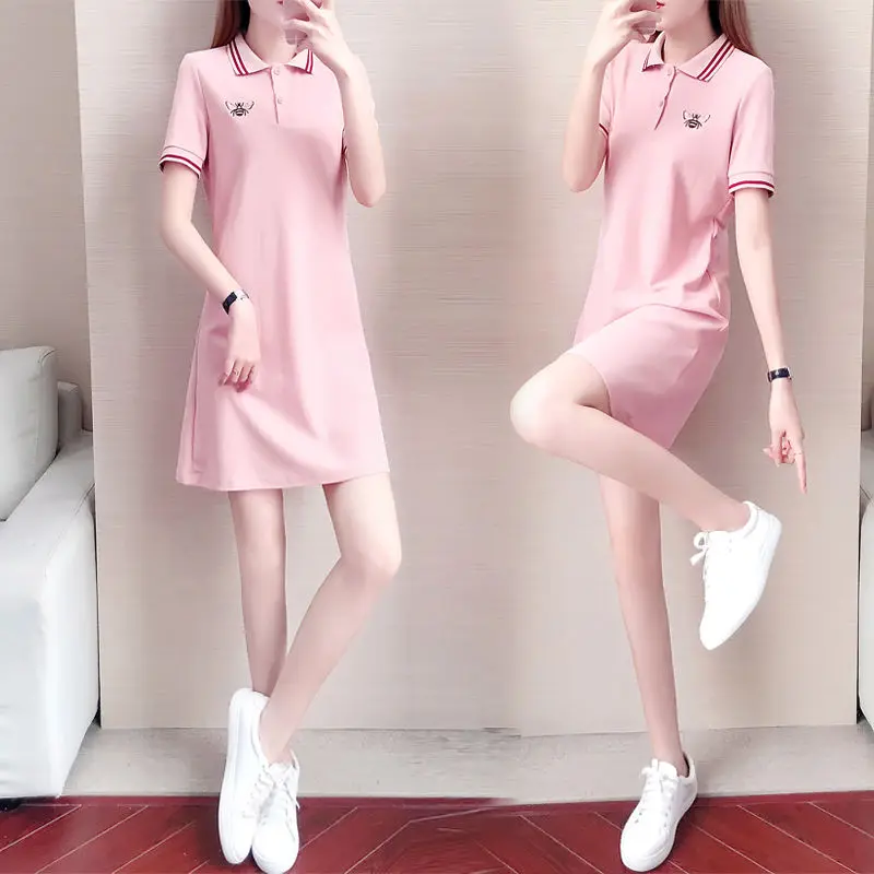 Polo neck large size dress women's summer 2021 new small short sleeve medium length embroidered T-shirt skirt
Polo neck large size dress women's summer 2021 new small short sleeve medium length embroidered T-shirt skirt