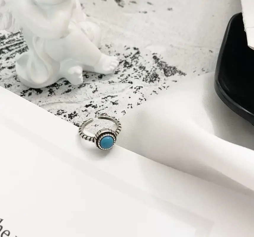 925 Sterling Silver Korean Ring Natural Black Turquoise Pattern Gothic Thai Wedding Set Jewelry Rings for Women | Украшения и