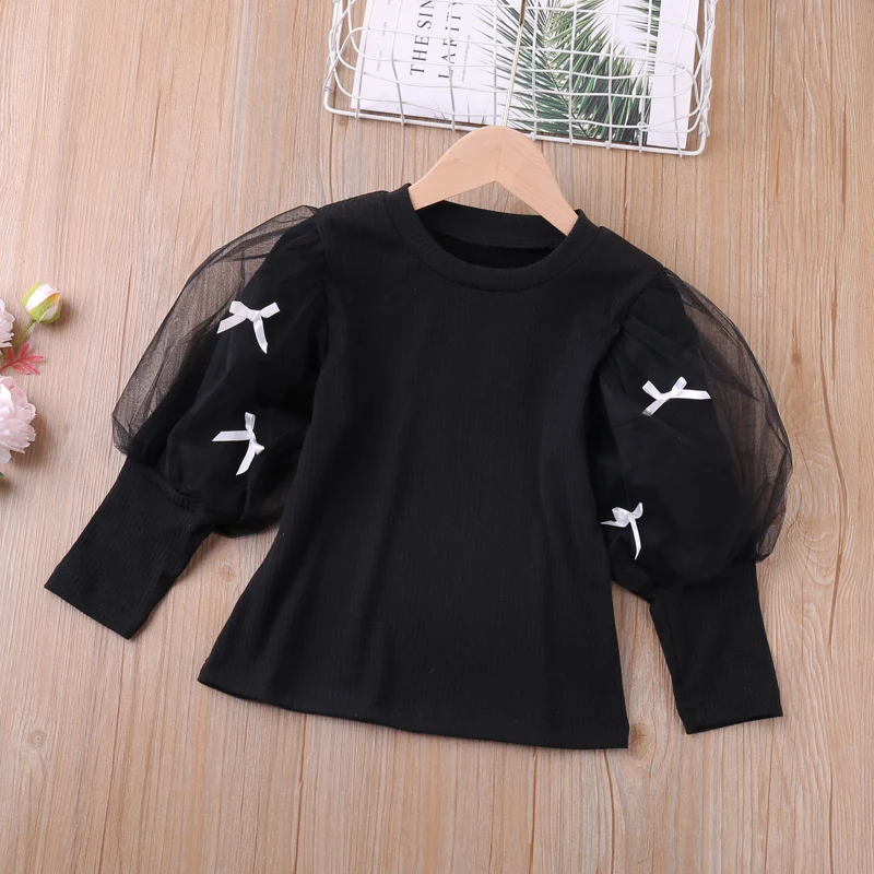 

Spring Fall Girls Bottoming Shirt Tops New Bowknot Net Yarn Bubble Sleeve Girl Clothes Cute Children Clothes Long-sleeve T-shirt