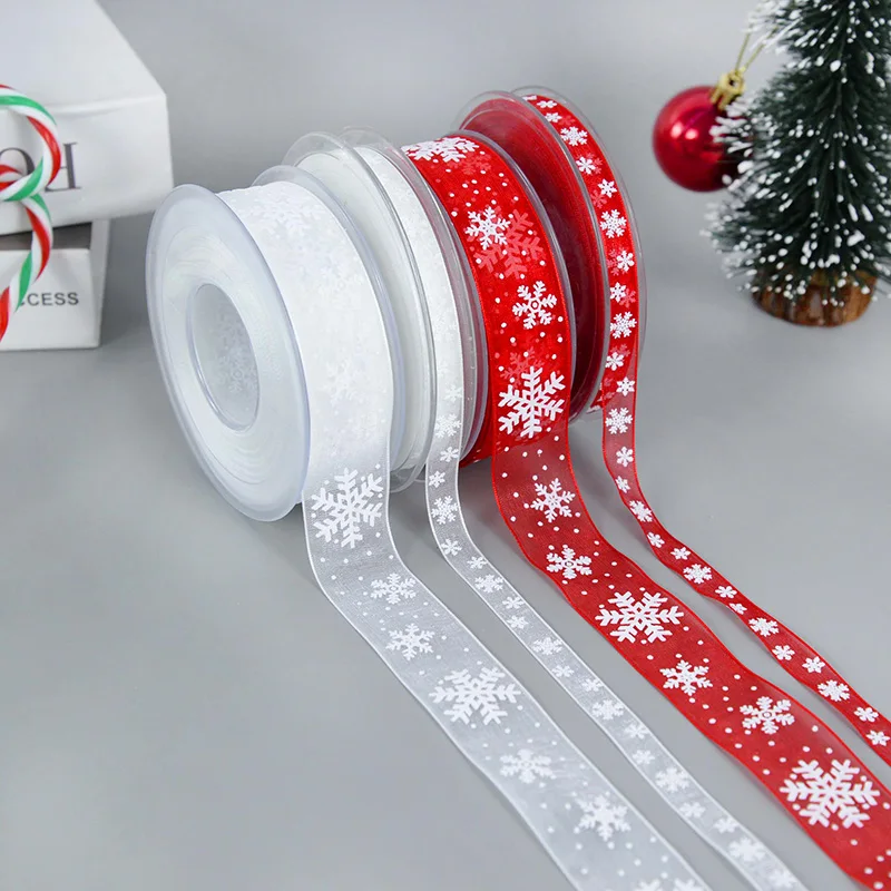 

5/20M Christmas Snowflake Ribbon Roll Printed Organza Ribbon For Xmas New Year Party Gifts Wrapping Decor Bows DIY Wreath Craft