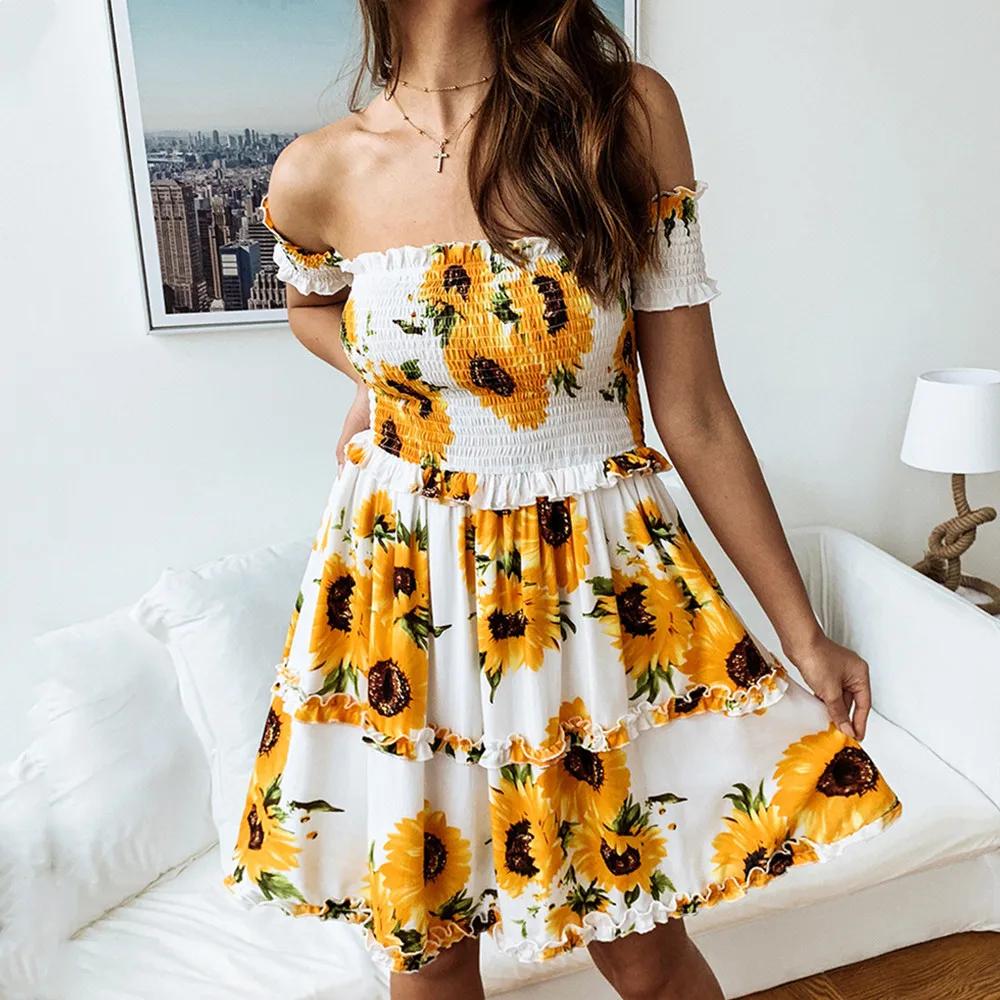 2020 Summer Fashion Sunflower Print Ruffled Short-sleeved Halter Dress Cotton Sexy Slash Neck Mini Dress Vestido De Mujer Female
2020 Summer Fashion Sunflower Print Ruffled Short-sleeved Halter Dress Cotton Sexy Slash Neck Mini Dress Vestido De Mujer Female