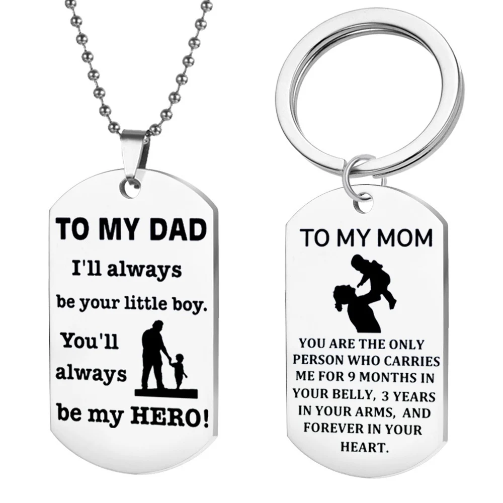 

TO MY MOM DAD Stainless Steel Pendant Keychain Engrave Letter Heart Love Dog Tag Keychain Father's Day Gifts Jewelry подвеска на