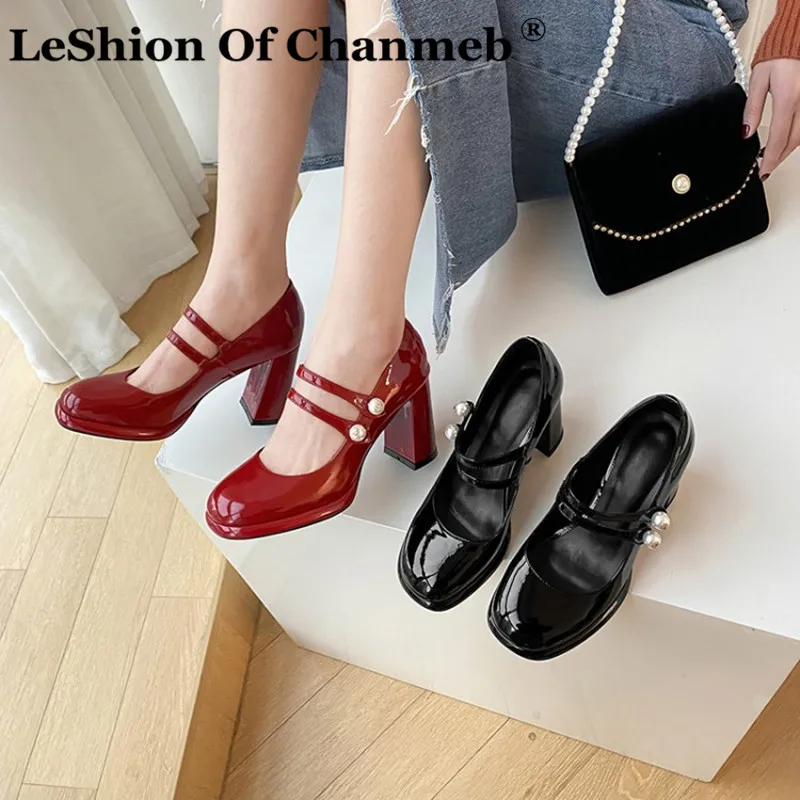 

LeShion Of Chanmeb Good Quality Shiny Patent Leather Shoes Women High Block Heels Double Strap Pearls Mary Janes Party Pumps Red