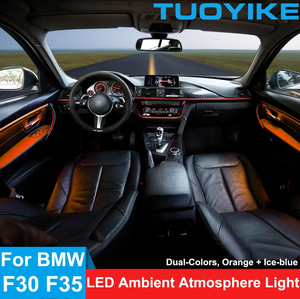 

Автомобильный интерьер, подушка для четырех 4 двери Панель окружающей среды планки светильник с двумя Цвет Синий Оранжевый атмосферу светильник s для BMW 3 серии F30 F35 2012-2019