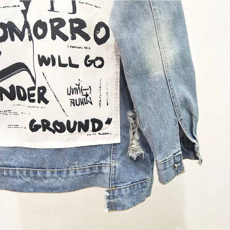 Plus size Women Letter Printed Korean Hole Denim Jacket Spring Casual Harajuku Washed Blue Jean Jacket Female Student Basic Coat
Plus size Women Letter Printed Korean Hole Denim Jacket Spring Casual Harajuku Washed Blue Jean Jacket Female Student Basic Coat