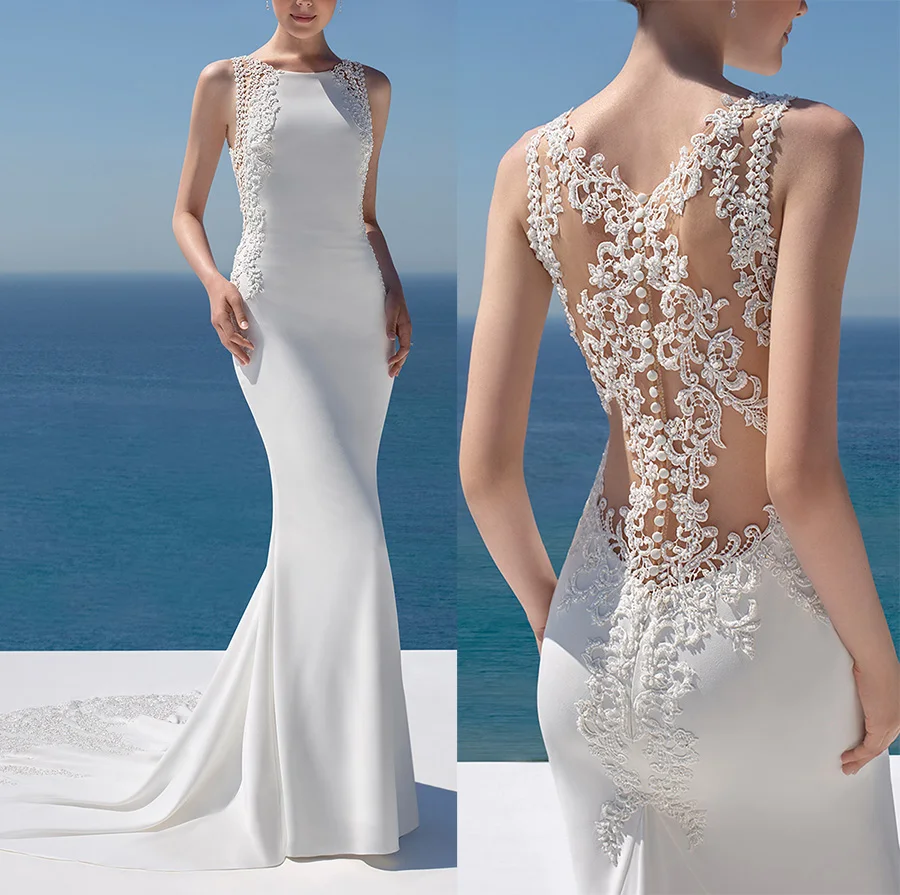 Sexy Summer Bride Dress White Satin Lace Beadings Mermaid Boho Wedding Dresses See Through Back Sleeveless Vestidos de Novia 
Sexy Summer Bride Dress White Satin Lace Beadings Mermaid Boho Wedding Dresses See Through Back Sleeveless Vestidos de Novia