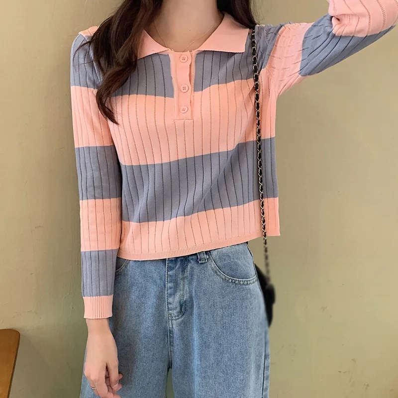 Spring Contrast Stitching Knit POLO Collar Button Slim Sweater Students All-match Long-sleeved Shirt Women
Spring Contrast Stitching Knit POLO Collar Button Slim Sweater Students All-match Long-sleeved Shirt Women