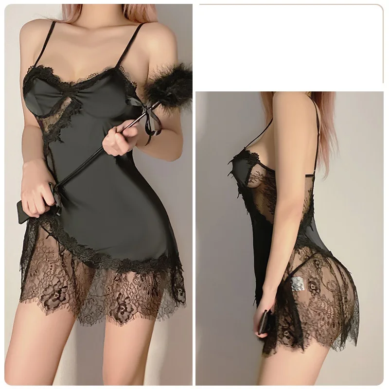 Sous Vetement Femme Summer Satin Stitching Lace Silk Night Dress See Through Sleeping Dress Women Suspender Nightdress Homewear
Sous Vetement Femme Summer Satin Stitching Lace Silk Night Dress See Through Sleeping Dress Women Suspender Nightdress Homewear