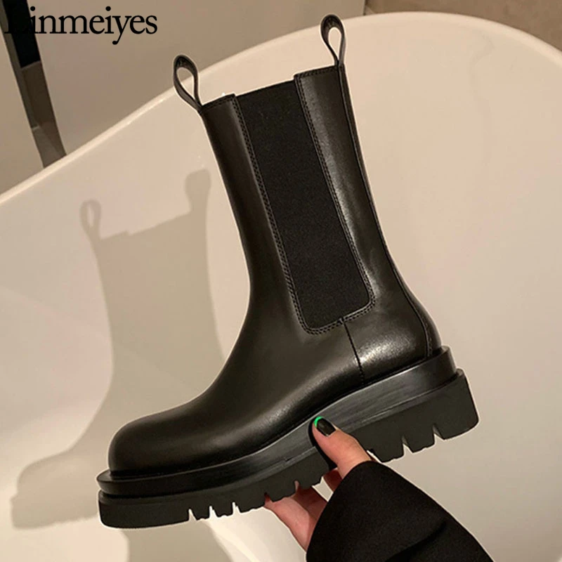 

Hot Luxury Shoes Thick Sole Chelsea Boots Women Flat Platform Mid Calf Knight Boots Female Casual Motorcycle Boots Botas Mujer