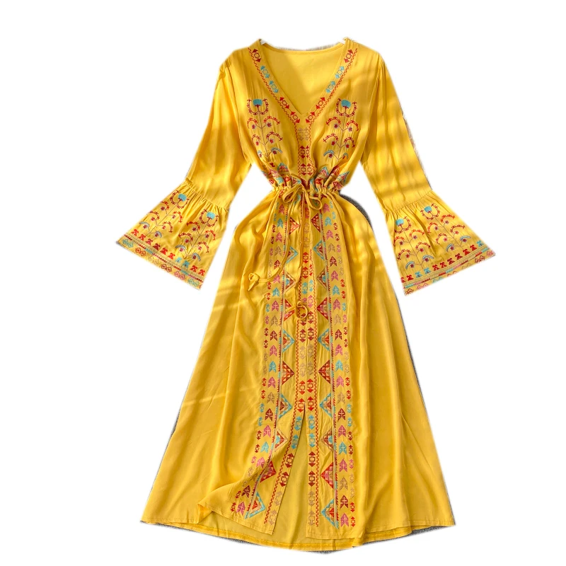 Summer Women's Dress Heavy Industry Embroidery V-neck Drawstring Trumpet Sleeves Ethnic Style Thin Waist Long Dresses LL040
Summer Women's Dress Heavy Industry Embroidery V-neck Drawstring Trumpet Sleeves Ethnic Style Thin Waist Long Dresses LL040