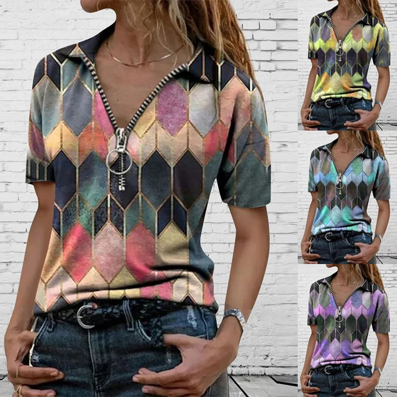 Summer New Women Sexy V-Neck Low-Cut Fashion Women Lapel Geometric Print Zipper Short Sleeve Pullover Casual T-Shirt Top
Summer New Women Sexy V-Neck Low-Cut Fashion Women Lapel Geometric Print Zipper Short Sleeve Pullover Casual T-Shirt Top