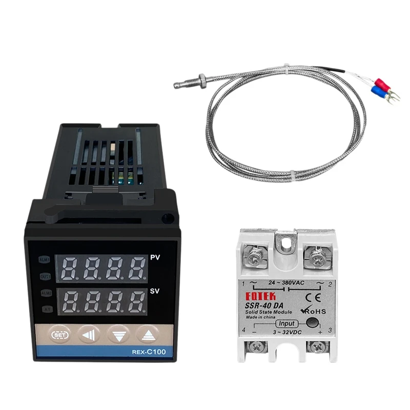 Регулятор температуры REX-C100 с цифровым дисплеем, ПИД 110-240 В + реле SSR 40 А + зонд термопары 1 м + радиатор
Регулятор температуры REX-C100 с цифровым дисплеем, ПИД 110-240 В + реле SSR 40 А + зонд термопары 1 м + радиатор