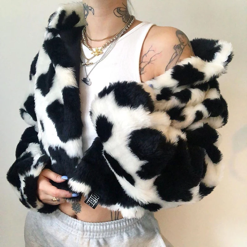 Black Dot Milk Kawayi Chic Harajuku Fur Coat Winter Warm Jacket Girls Chic
