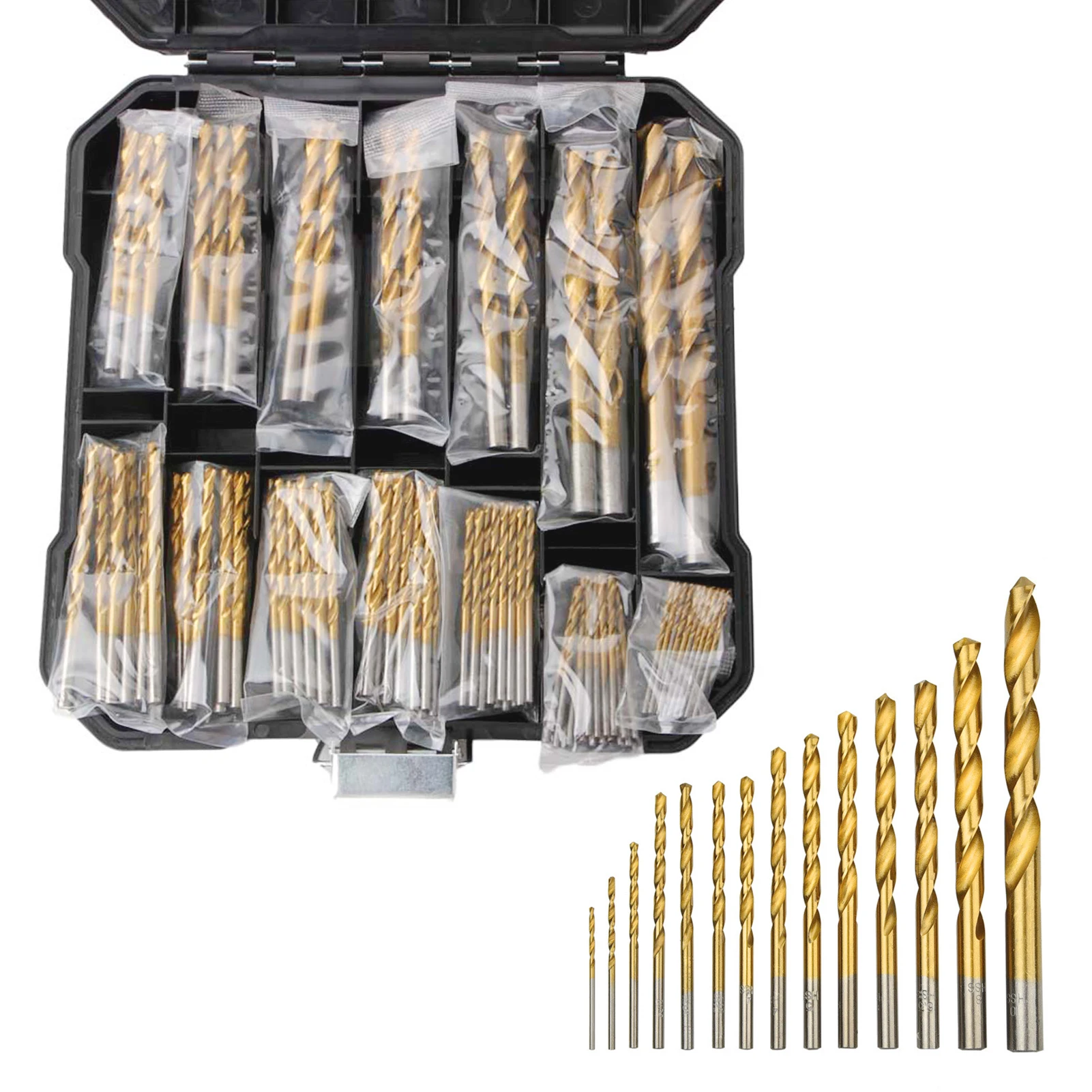 Titanium Twist Drill Bit Set 99 Pieces High Speed Steel Drill Bits for Metal Steel Wood Plastic Copper Alloy with Storage Case
Titanium Twist Drill Bit Set 99 Pieces High Speed Steel Drill Bits for Metal Steel Wood Plastic Copper Alloy with Storage Case