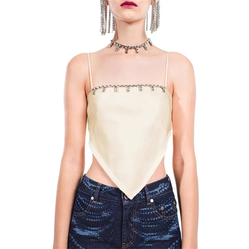 

2021NEW Heavy Industry crystal diamond embellished bellyband camisole, strappy square scarf irregular camisole top after summer