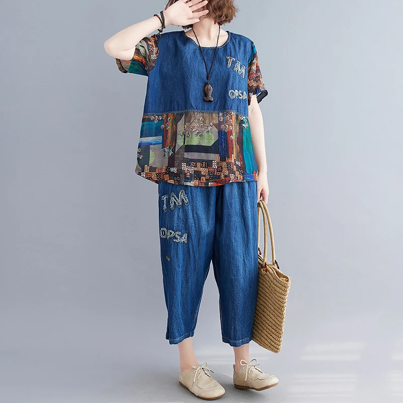 Denim Vintage Spliced Print 2 Two Piece Set Summer Short Sleeve Tee T-shirt Women Tops Loose Casual 2021 Fashion Jeans Pants
Denim Vintage Spliced Print 2 Two Piece Set Summer Short Sleeve Tee T-shirt Women Tops Loose Casual 2021 Fashion Jeans Pants