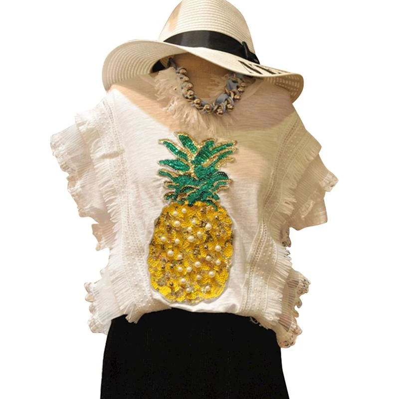 Женская футболка из хлопка и льна летний топ с вышивкой бисером ананасами