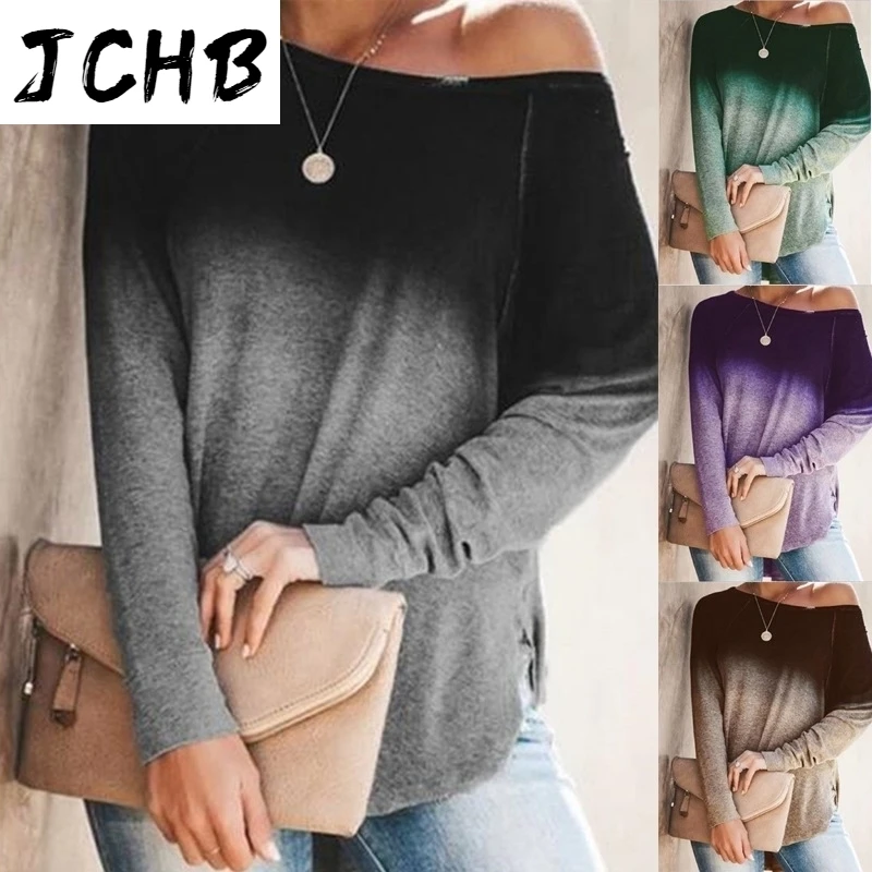 Off 2021 Shoulder Gradient Print T-shirt Women Autumn Slash Neck Long Sleeve Casual Loose Pullover Tops Ladies Oversized T-Shirt
Off 2021 Shoulder Gradient Print T-shirt Women Autumn Slash Neck Long Sleeve Casual Loose Pullover Tops Ladies Oversized T-Shirt