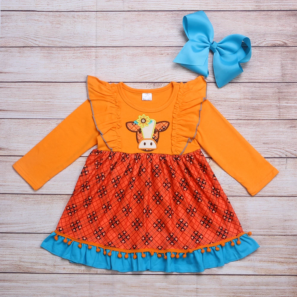 Autumn Girls Clothes Orange Long Sleeve Yellow Flowers On The Head Cow Head Embroidery Pattern Girl Dresses
Autumn Girls Clothes Orange Long Sleeve Yellow Flowers On The Head Cow Head Embroidery Pattern Girl Dresses