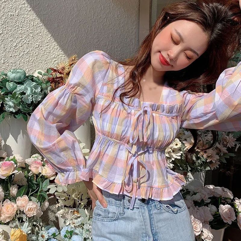 Women's Plaid Color Matching Square Collar Sexy Sweet Exposed Navel Long Sleeve Shirt Blouses
Women's Plaid Color Matching Square Collar Sexy Sweet Exposed Navel Long Sleeve Shirt Blouses
